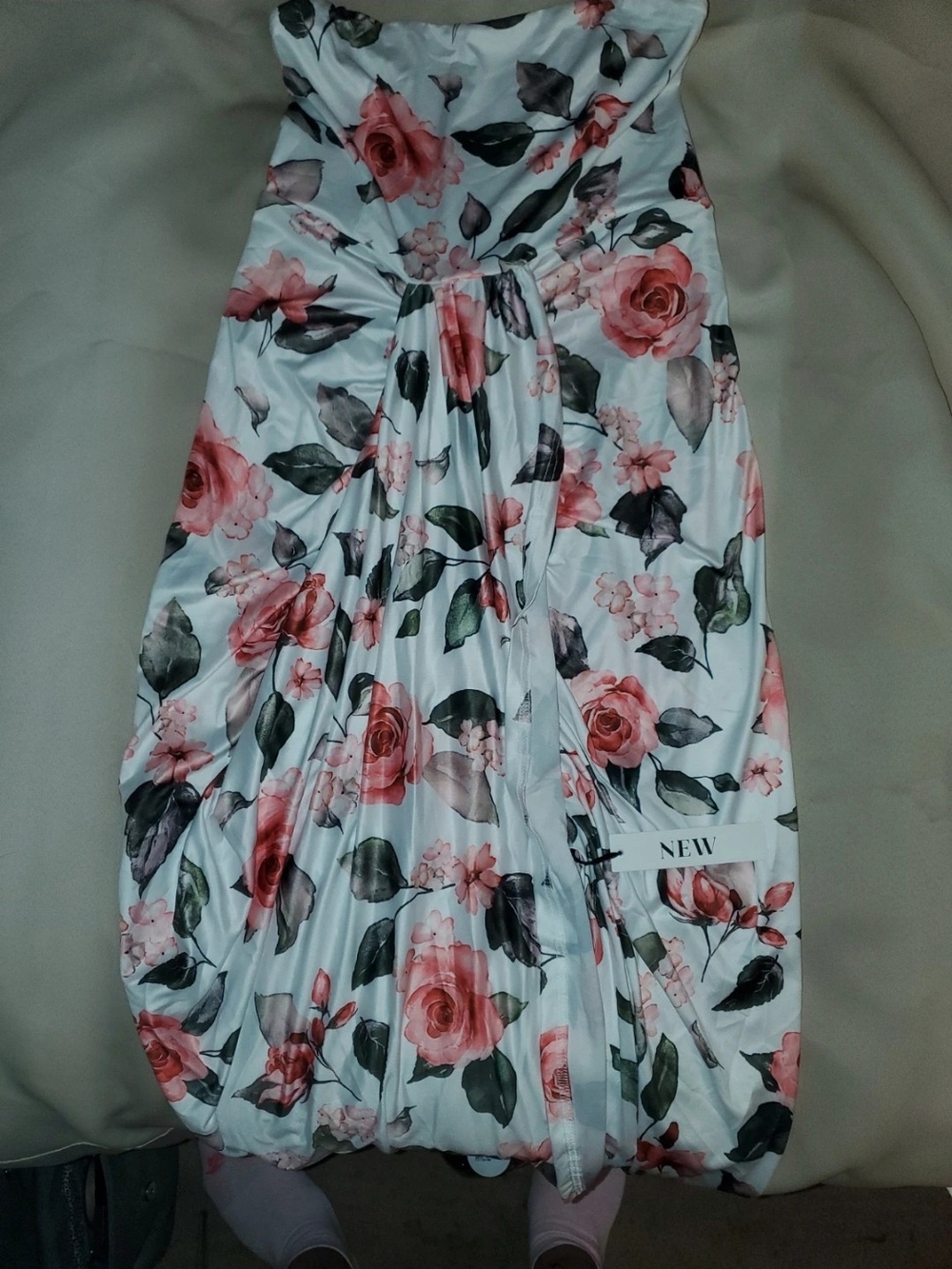 Floral Pink Rose Print Women’s Skirt - Strapless Bubble Hem